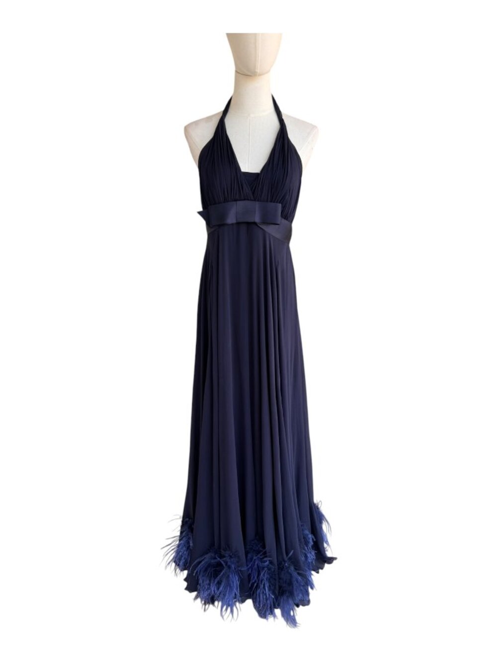 Marchesa Notte Silk Halter Feather Evening Gown Dress Blue Size 8 Circa 2015